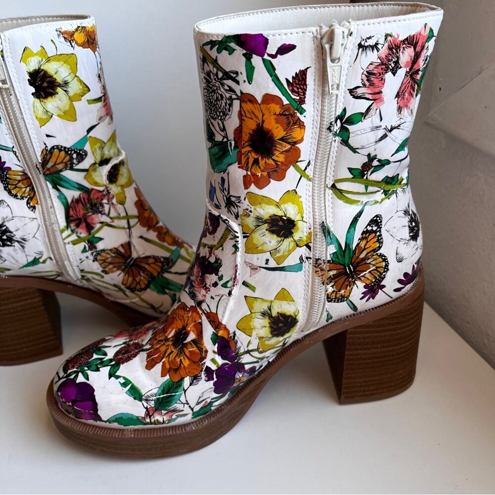 Unique custom floral foiled distressed look mid calf heeled ankle boots size 7 - Picture 6 of 11